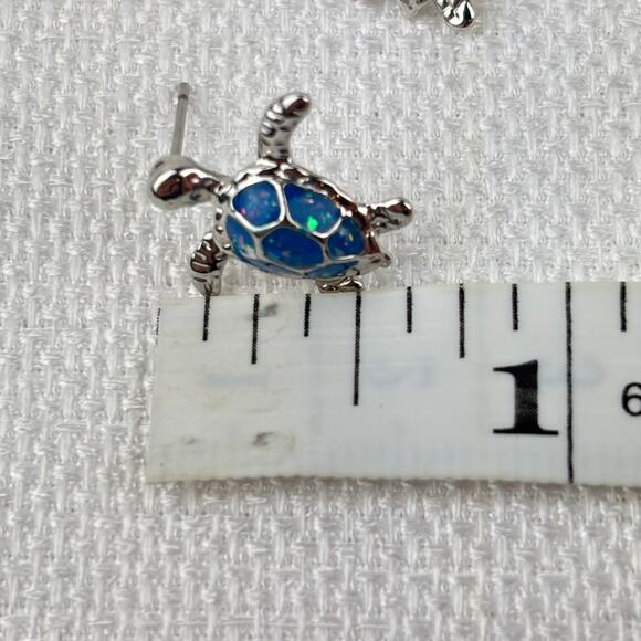 925 Sterling Silver Plated Green Pink Blue Fire Opal Sea Turtle Stud Earrings - Picture 7 of 9